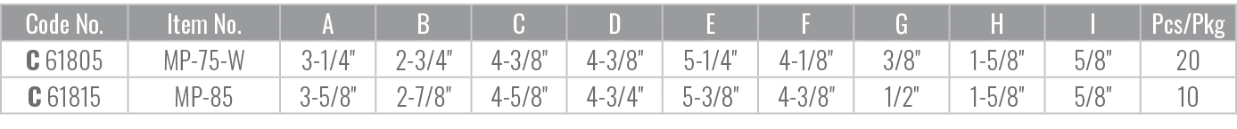 Code No.,Item No.,A,B,C,D,E,F,G,H,I,Pcs/Pkg,C 61805,MP 75 W,3 1/4\“,2 3/4\",4 3/8\",4 3/8\",5 1/4\",4 1/8\",3/8\",1 5...