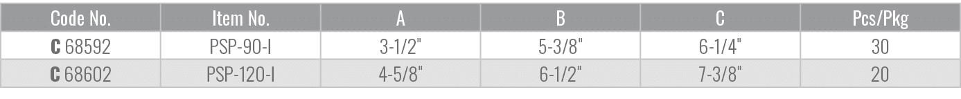 Code No.,Item No.,A,B,C,Pcs/Pkg,C 68592,PSP 90 I,3 1/2\“,5 3/8\",6 1/4\",30,C 68602,PSP 120 I,4 5/8\",6 1/2\",7 3/8\",20