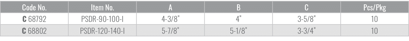 Code No.,Item No.,A,B,C,Pcs/Pkg,C 68792,PSDR 90 100 I,4 3/8\“,4\",3 5/8\",10,C 68802,PSDR 120 140 I,5 7/8\",5 1/8\",3...