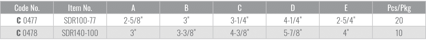 Code No.,Item No.,A,B,C,D,E,Pcs/Pkg,C 0477,SDR100 77,2 5/8\“,3\",3 1/4\",4 1/4\",2 5/4\",20,C 0478,SDR140 100,3\",3 3...