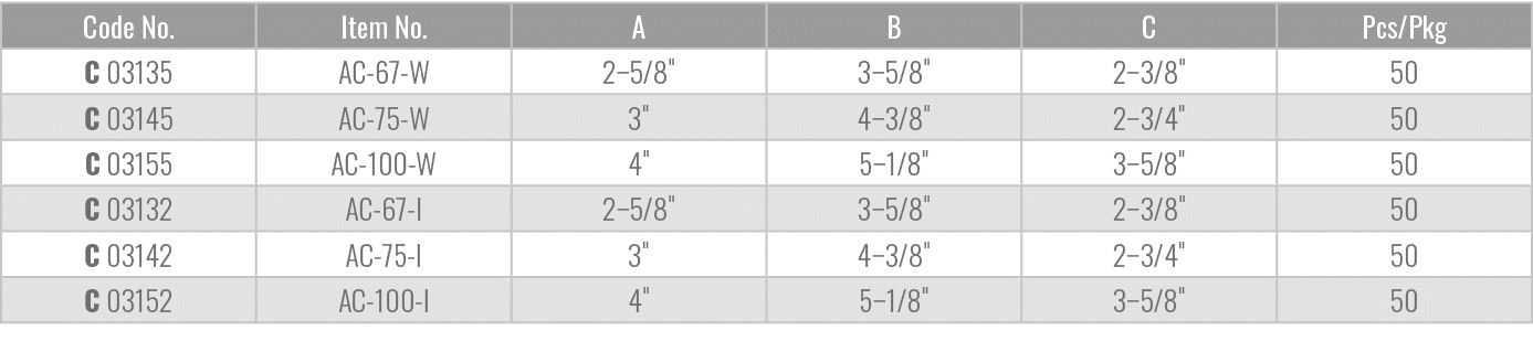 Code No.,Item No.,A,B,C,Pcs/Pkg,C 03135,AC 67 W,2–5/8\“,3–5/8\",2–3/8\",50,C 03145,AC 75 W,3\",4–3/8\",2–3/4\",50,C 0...