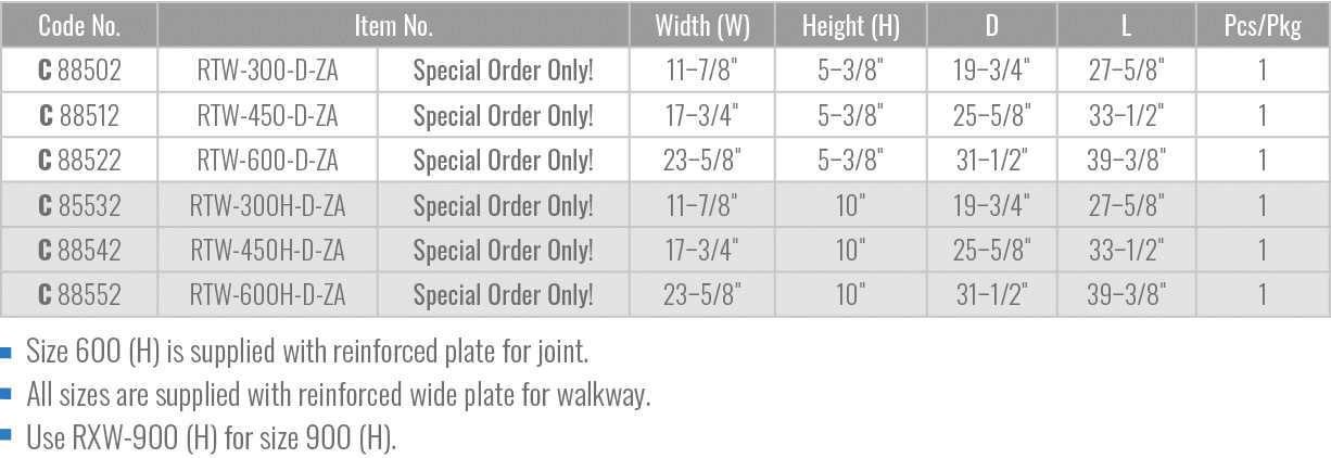 Size 600 (H) is supplied with reinforced plate for joint. All sizes are supplied with reinforced wide plate for walkw...