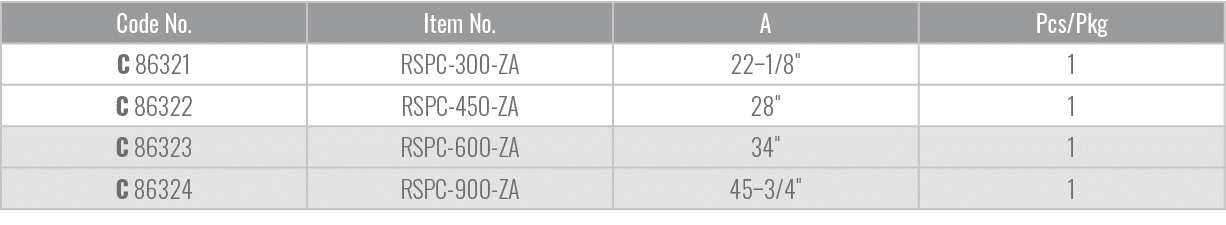 Code No.,Item No.,A,Pcs/Pkg,C 86321,RSPC 300 ZA,22–1/8\“,1,C 86322,RSPC 450 ZA,28\",1,C 86323,RSPC 600 ZA,34\",1,C 86...