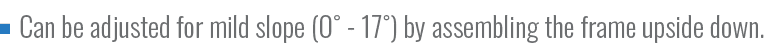 Can be adjusted for mild slope (0˚ 17˚) by assembling the frame upside down