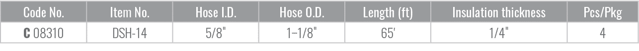 Code No.,Item No.,Hose I.D.,Hose O.D.,Length (ft),Insulation thickness,Pcs/Pkg,C 08310,DSH 14,5/8\“,1–1/8\",65',1/4\",4